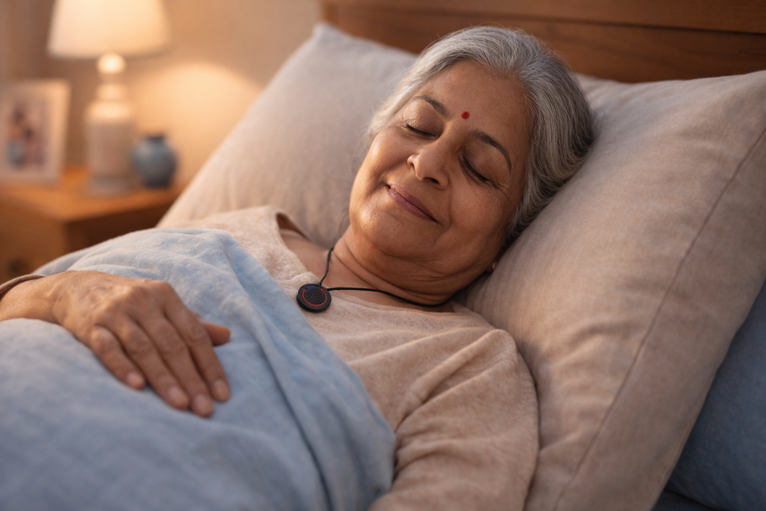 Senior woman sleeping peacefully wearing DrRing device